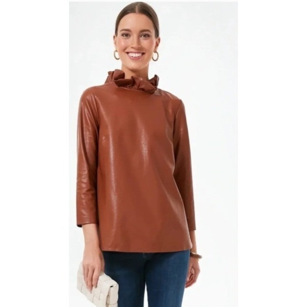 Tuckernuck Faux Leather Blouse Womens Medium Brown Ruffle Neck Back Bow Keyhole
